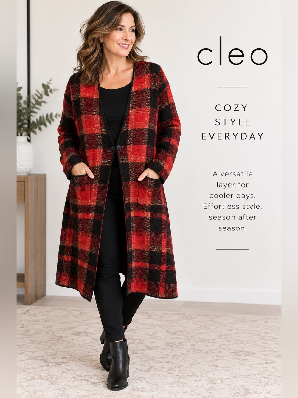 Cleo Red Black Plaid Long Cardigan Coatigan XL
